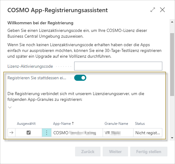 COSMO App-Registrierungsassistent mit Testlizenz COSMO App-Registrierungsassistent mit Testlizenz