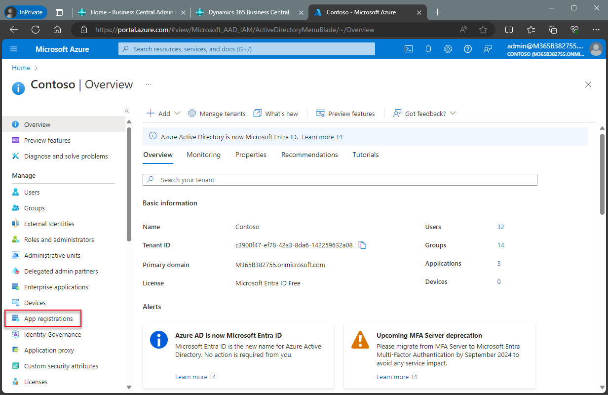 App-Registrierungen in Active Directory öffnen App-Registrierungen in Active Directory öffnen