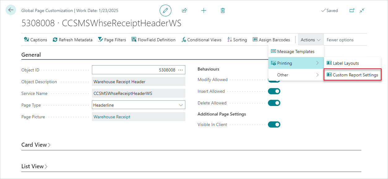 Open Custom Report Settings page WhseReceiptCustomization2
