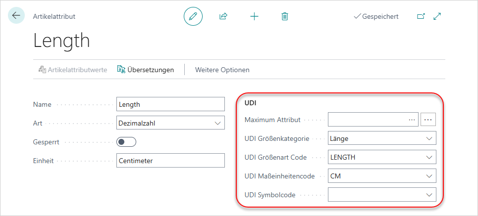 Klinische Größe "Länge" mit Zuweisung von UDI Größenkategorie, UDI Größenartcode und UDI Maßeinheitencode in einem Artikelattribut mit Art = Dezimalzahl