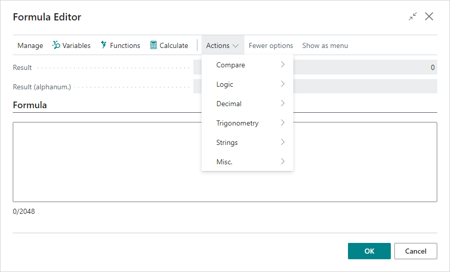 Formula Editor with function menus Formula Editor