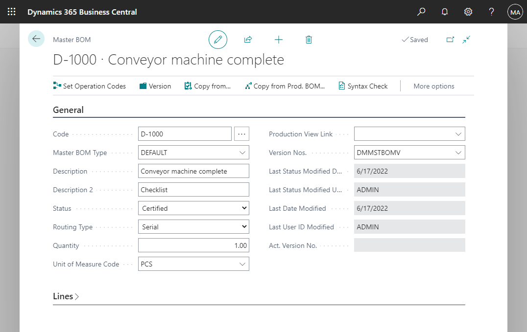 Master BOM, General FastTab Master BOM Header
