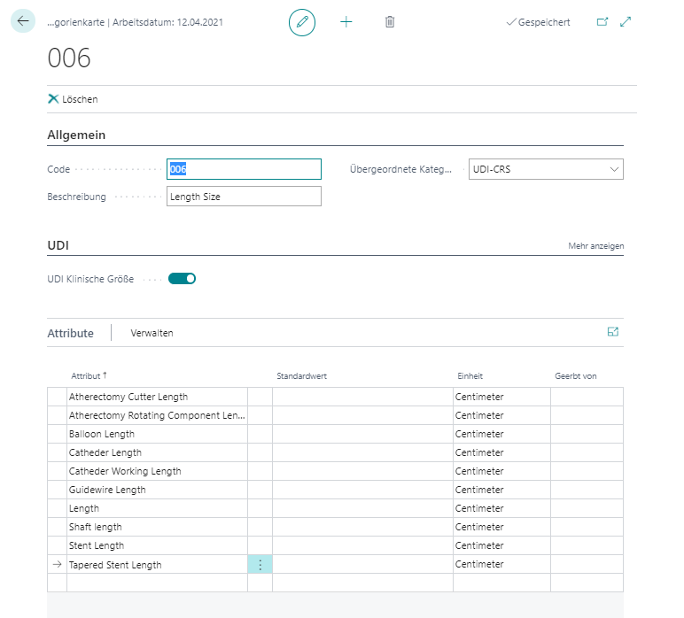 Artikelkategorienkarte für UDI Klinische Größenkategorie Artikelkategorienkarte für UDI Klinische Größenkategorie