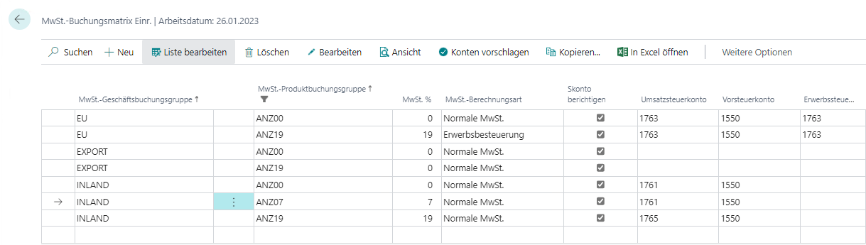 MwSt.–Buchungsmatrix Einr. MwSt.–Buchungsmatrix Einr.