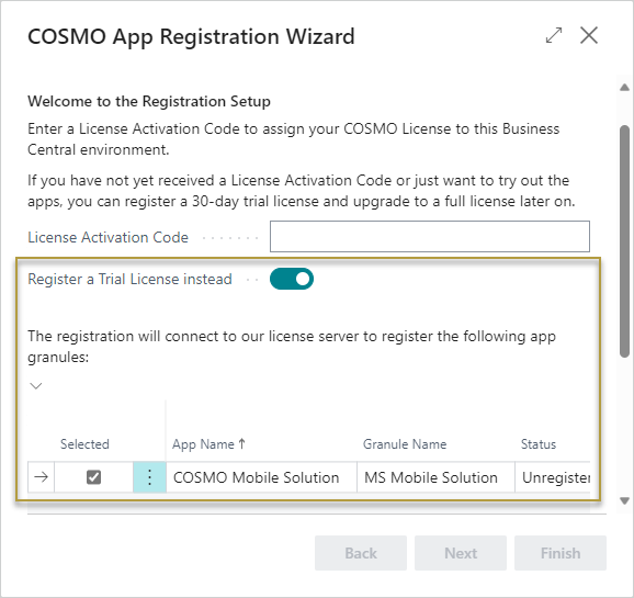 COSMO App Registration Wizard with Trial License COSMO App Registration Wizard with Trial License