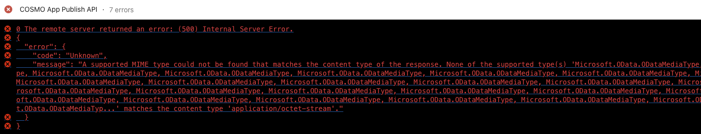 COSMO OnPremAPI Publish Error supported MIME type Microsoft.OData.ODataMediaType