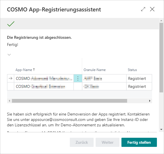 COSMO App-Registrierungsassistent beendet