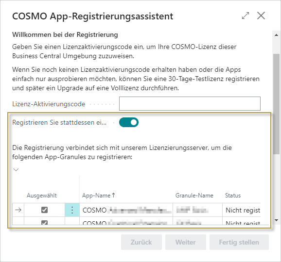 COSMO App-Registrierungsassistent mit Testlizenz