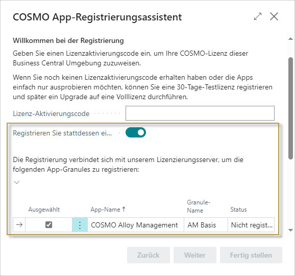 COSMO App-Registrierungsassistent mit Testlizenz