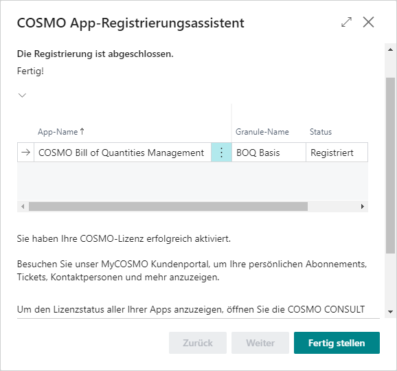 COSMO App-Registrierungsassistent