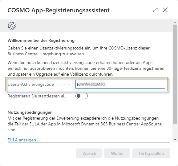 COSMO App-Registrierungsassistent mit Aktivierungscode