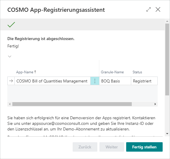 COSMO App-Registrierungsassistent beendet