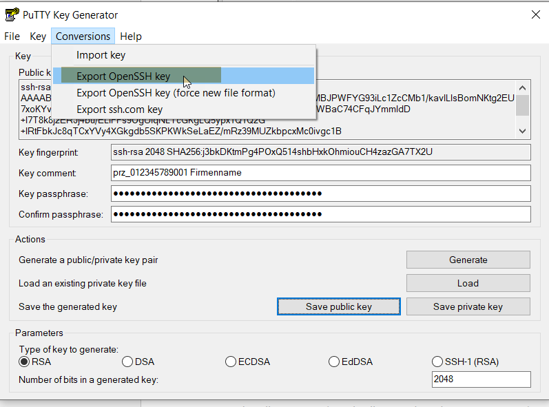 Speichern Private Key Speichern Private Key