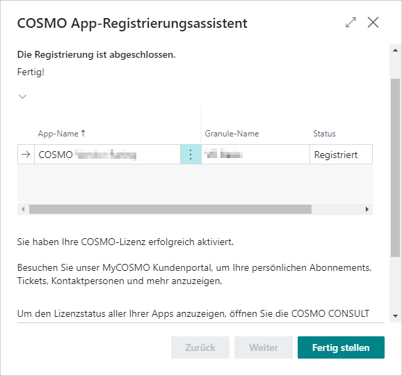 COSMO App-Registrierungsassistent