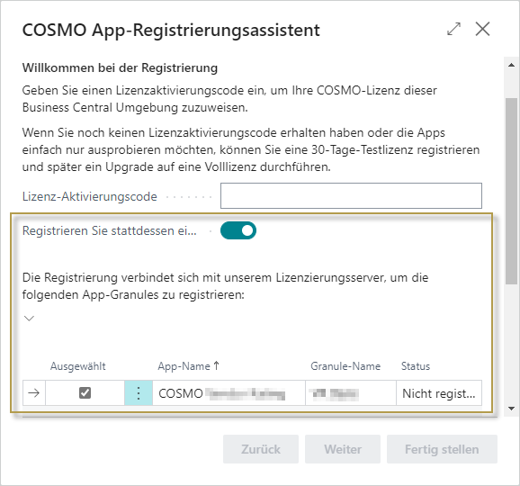 COSMO App-Registrierungsassistent mit Testlizenz