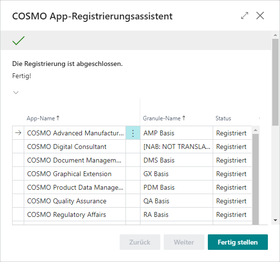 COSMO App-Registrierungsassistent mit allen Apps erfolgreich registriert COSMO App-Registrierungsassistent beendet
