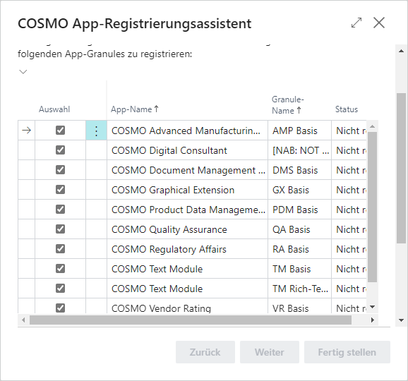 COSMO App-Registrierungsassistent mit alllen Apps COSMO App-Registrierungsassistent