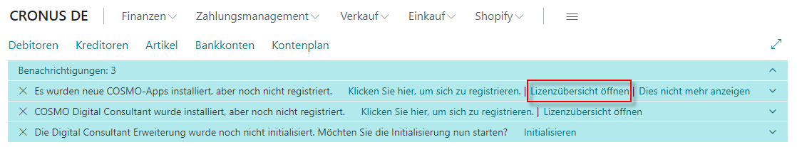 Benachrichtigungsleiste mit zu registrierenden Apps Benachrichtigungsleiste mit zu registrierenden Apps