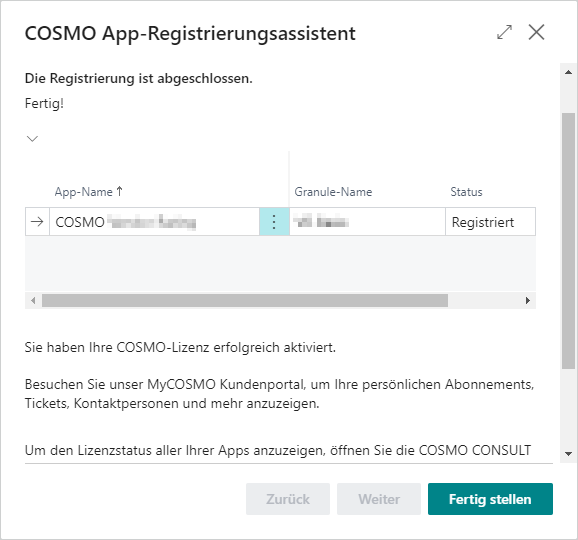 COSMO App Registration Wizard with app COSMO App Registration Wizard