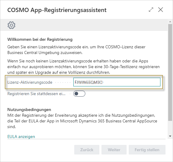 COSMO App Registration Wizard with Activation Code COSMO App Registration Wizard with Activation Code