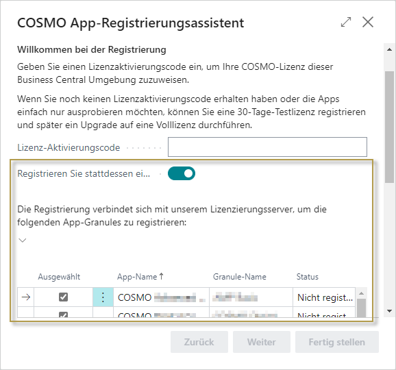 COSMO App-Registrierungsassistent mit Testlizenz COSMO App-Registrierungsassistent mit Testlizenz