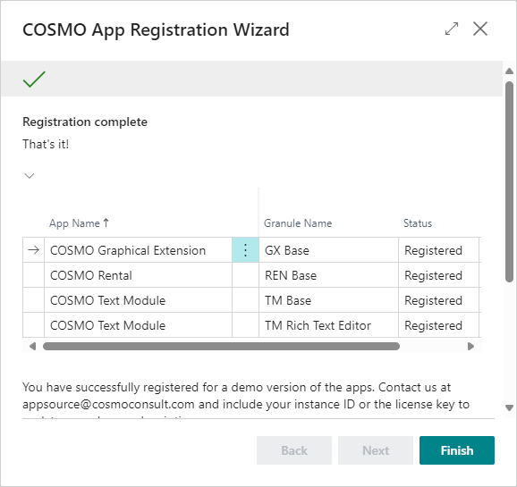 COSMO App Registration Wizard Finished