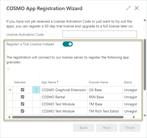 COSMO App Registration Wizard with Trial License