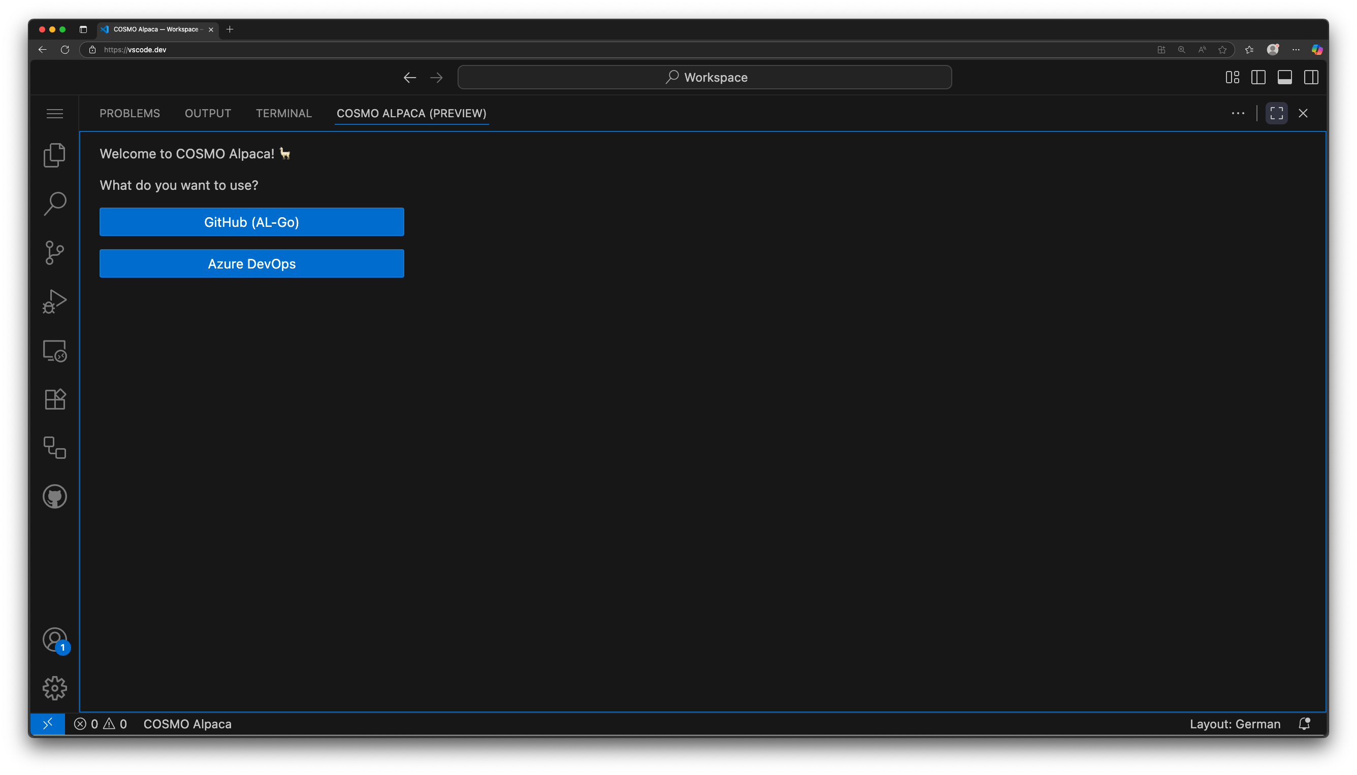vscode.dev environment selection