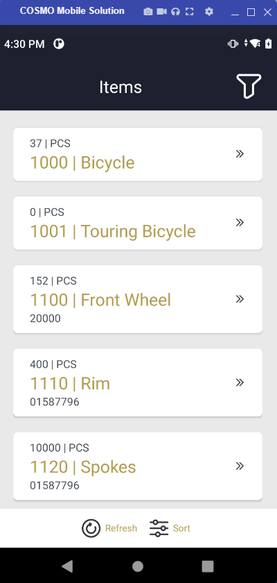 List view of a page in the mobile application