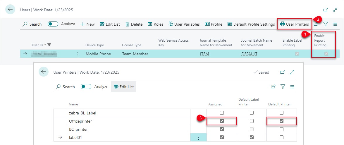 User printer setup User settings page