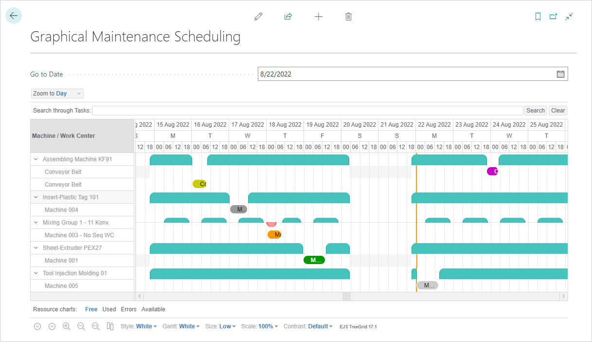 Graphical Maintenance Scheduling with different maintenance order types and colors: fuchsia = breakdown, yellow = without production order, green = with production order, gray/silver = insert/tool, orange = non-sequence work center Graphical Maintenance Scheduling