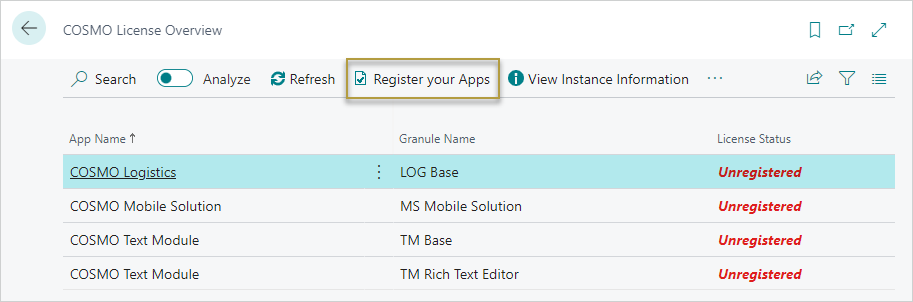 COSMO License Overview with app COSMO License Overview