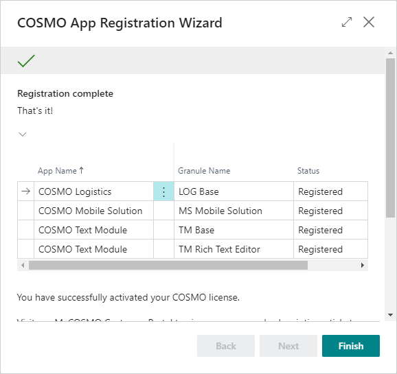 COSMO App Registration Wizard with app COSMO App Registration Wizard