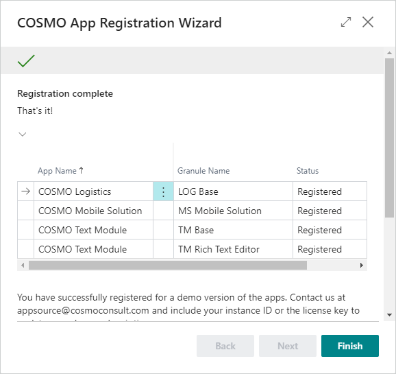 COSMO App Registration Wizard with app successfully registered COSMO App Registration Wizard Finished