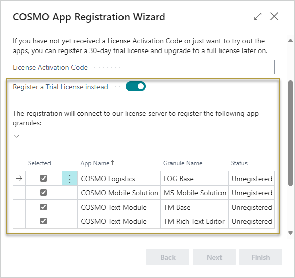 COSMO App Registration Wizard with Trial License COSMO App Registration Wizard with Trial License