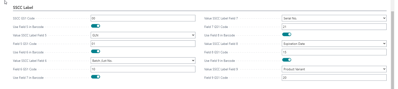 Logistics Setup Card SSCC Label FastTab Logistics Setup Card SSCC
