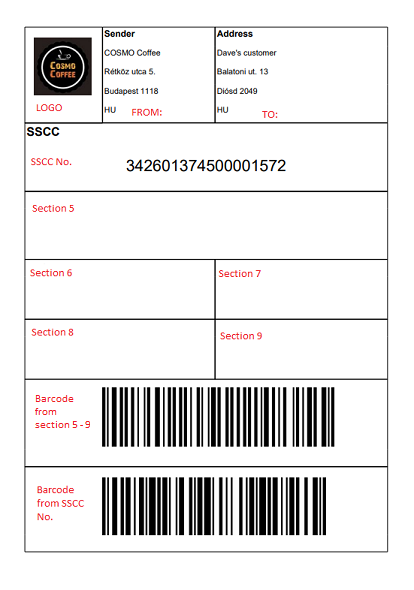 Logistics SSCC label example referencing fields from Logistics Setup Logistics SSCC label example