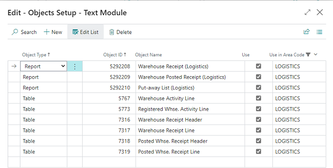Text Module Objects Text Module Logistics objects