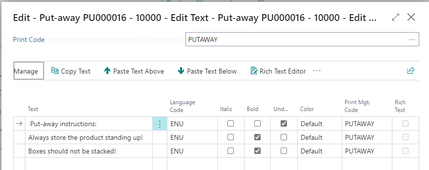 Put-away additional text Put-away additional text