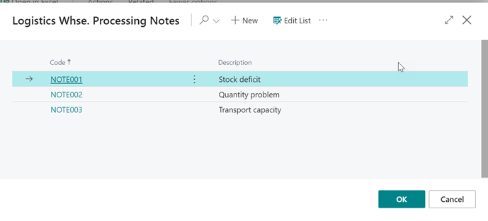 Logistics Whse. Processing Notes