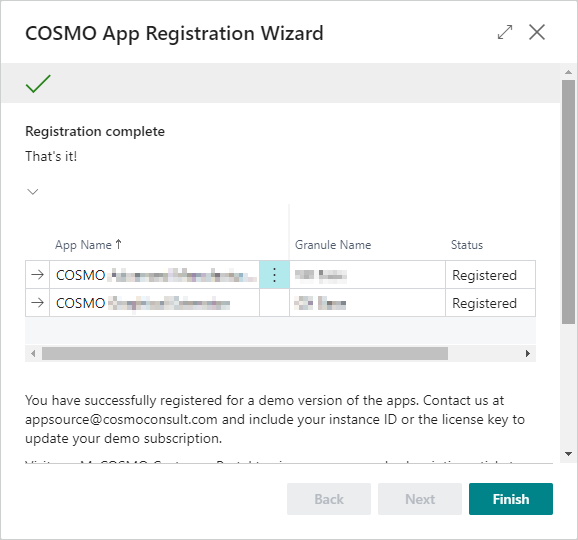 COSMO App Registration Wizard with app successfully registered COSMO App Registration Wizard Finished