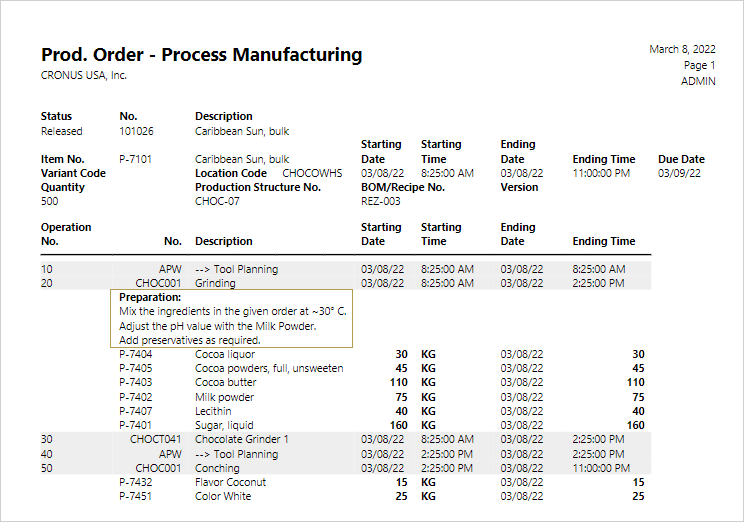 Prod. Order - Process Manufacturing report for released production order with no posting, line text from production routing highlighted Prod. Order - Process Manufacturing report_1