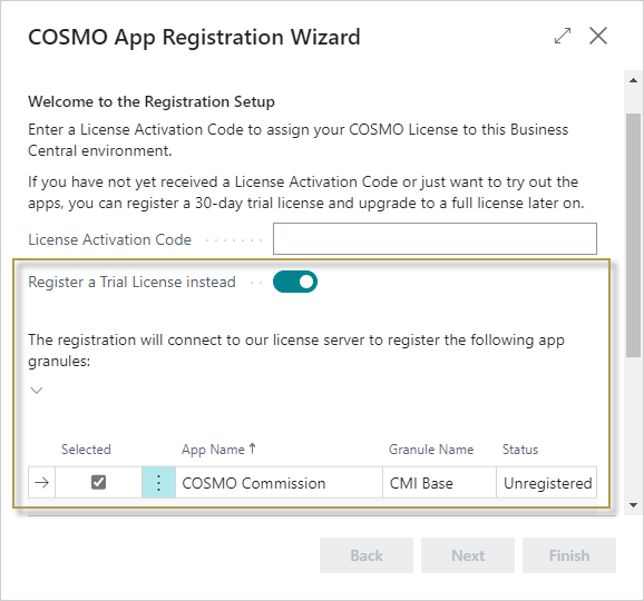 COSMO App Registration Wizard with Trial License