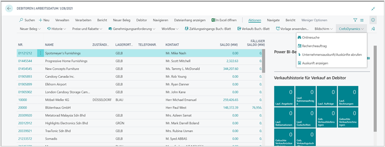 Funktionen in der Debitorenübersicht