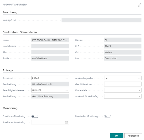 Zwischenfenster Auskunft anfordern