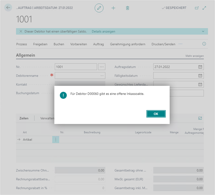 Sperre am Beispiel eines neuen Verkaufsauftrags
