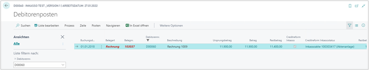 Anzeige Inkasso-Fälle in den Debitorenposten