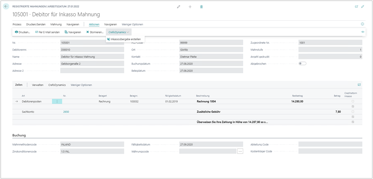Registrierte Mahnungen – Inkassoübergabe erstellen