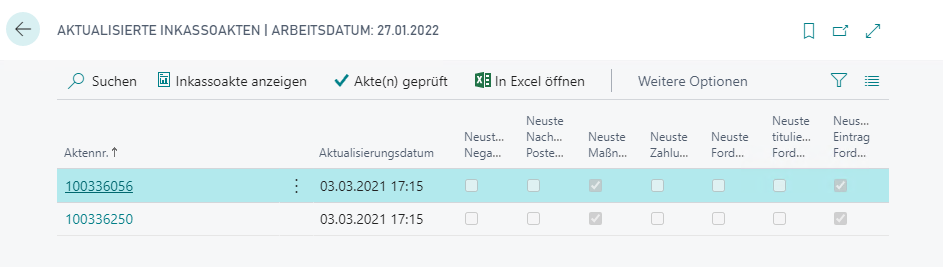 Übersicht aktualisierte Inkassoakten
