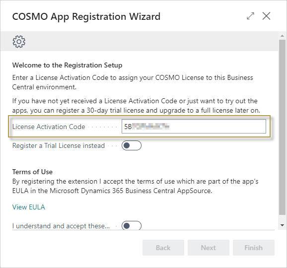 COSMO App Registration Wizard with Activation Code